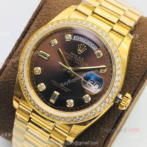 (EWF ) Swiss Rolex Oyster Perpetual Day Date Fake Watches Brown Diamond Dial 1