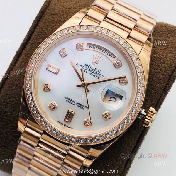 (EWF ) Swiss Replica Rolex Day Date Rose Gold White Mop Dial Diamond Watch 36mm 1