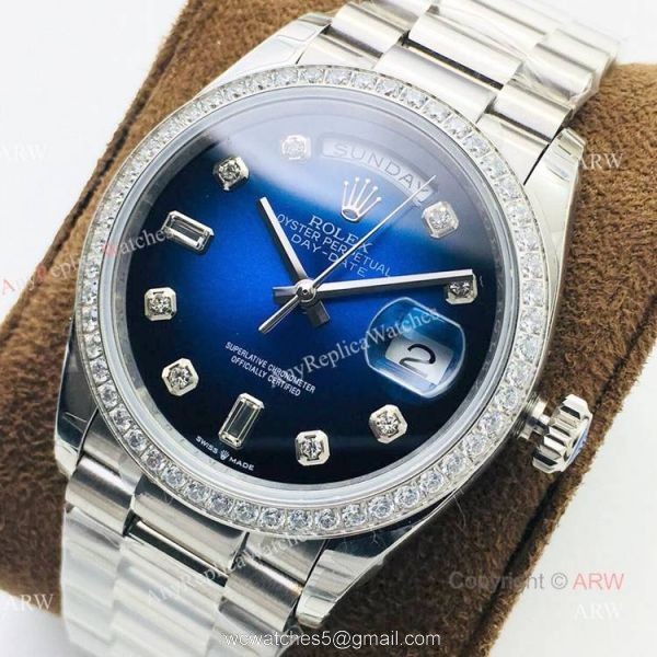(EWF ) Swiss Rolex Oyster Perpetual Day Date Fake Watch Blue Diamond Dial 36mm 1