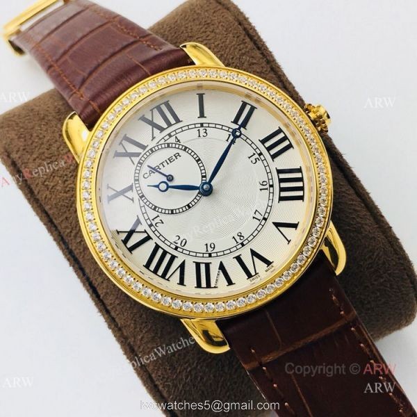 (EGF) New Ronde De Cartier Watch 904L Yellow Gold Diamond Bezel For Men 40mm 1