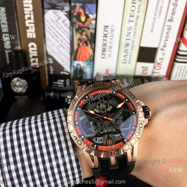 New Style Roger Dubuis Excalibur Lamborghini Huracan Watches Rose Gold Red Rubber Strap 1
