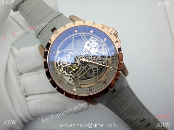 Copy Roger Dubuis Excalibur Flying Tourbillon Watch Rose Gold Gray Leather Strap 1