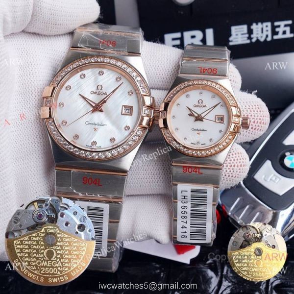 New Replica Omega Constellation Two Tone Diamond Bezel Omega Couple Watch 1
