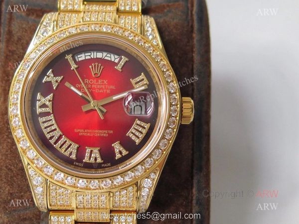 Mens Rolex Day Date Replica Watch Asian 2836 Red Face Rolex Iced Out Watch 1