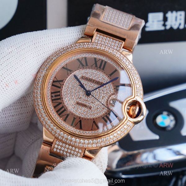 1:1 Copy Rose Gold Cartier Ballon Bleu Replica Full Diamond Watch 42mm 1