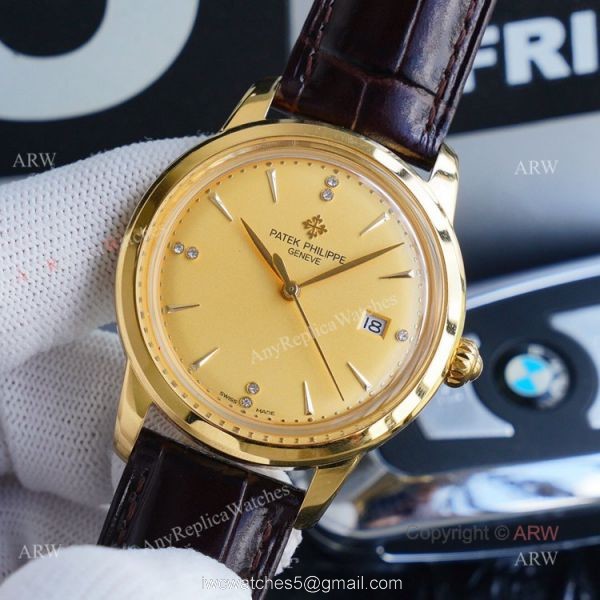 New Patek Philippe Calatrava Replica Watch Gold Dial With Brown Leather Band 1