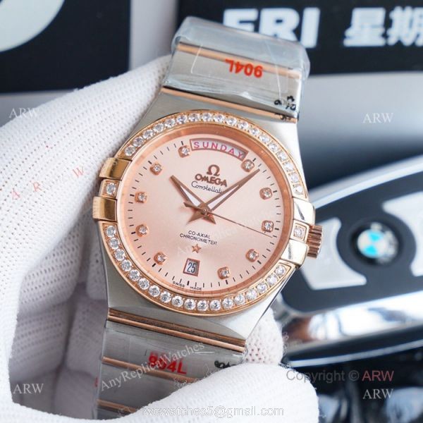 1:1 Swiss Replica Omega Constellation Double Eagle Rose Gold Diamond Watch 38mm 1