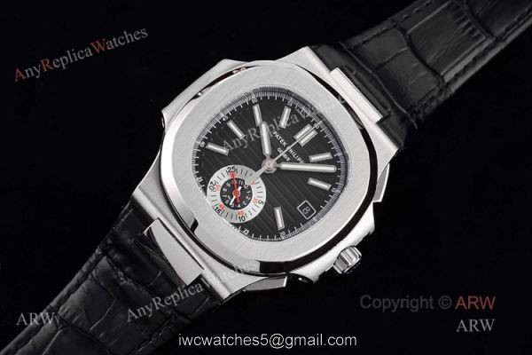 New Patek Philippe Nautilus 5980 Black Dial Black Leather Strap Swiss Made Replica Watch 1