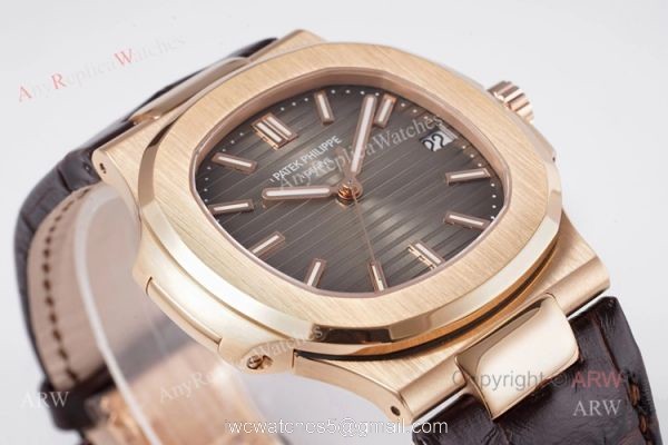 Swiss Patek Philippe Nautilus Rose Gold Grey Dial Brown Leather Strap Replica Watch 1