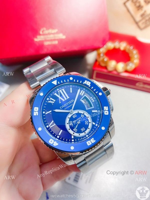 New! Replica Cartier Calibre de Quartz Watches Rose Gold Blue Bezel 1
