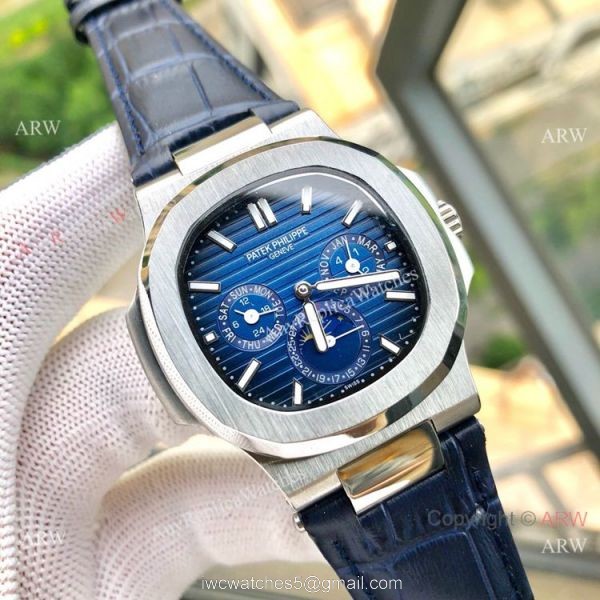 Copy Patek Philippe Nautilus White Face Annual Calendar Watch Brown Leather Strap 1