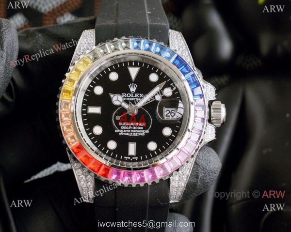 Top Replica Rolex Submariner Watch Rainbow Bezel Blue Rubber Strap 1
