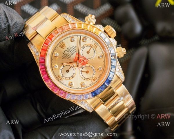 Fake Rolex Daytona Rainbow Bezel Yellow Gold Automatic Watch 43mm 1