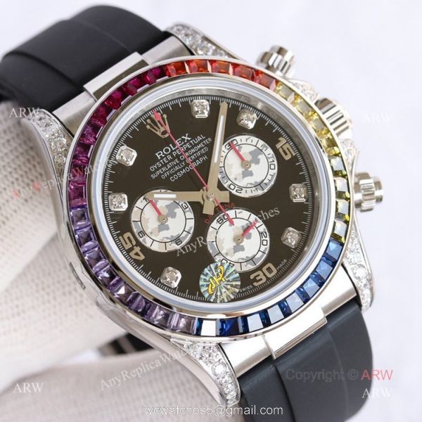 Swiss Replica Rolex Rainbow Daytona Black Face With Diamonds Oysterflex Strap Watch 1