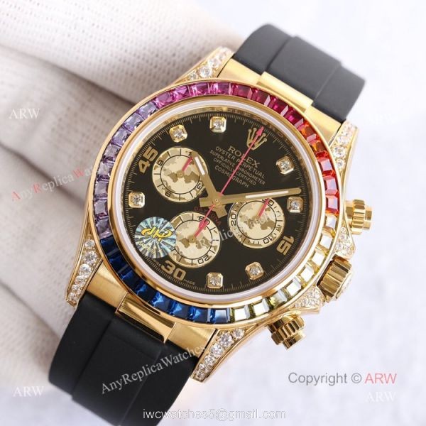 New Gold Rolex Daytona Rainbow Diamond Bezel Black Dial With Diamonds Watch Replica 1