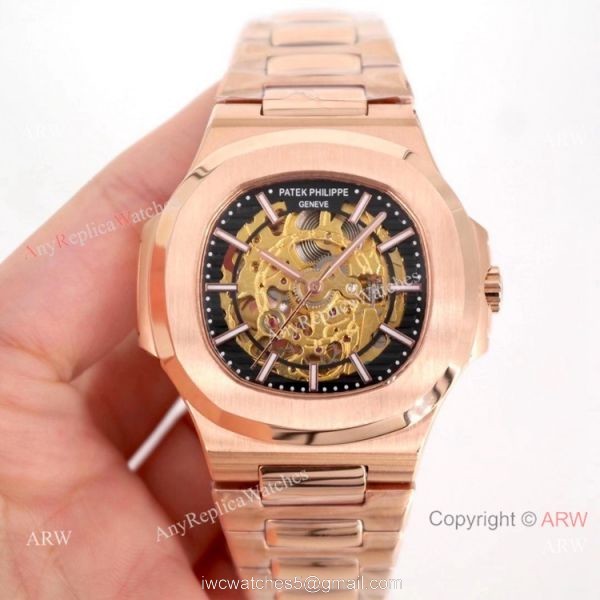 Copy Patek Philippe Skeleton Nautilus Watches Rose Gold 1