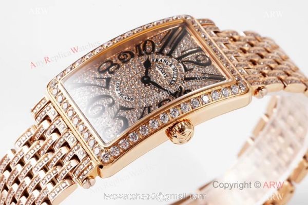 New! Swiss Replica Franck Muller Long Island Iced Out Watch Rose Gold 26mm 1
