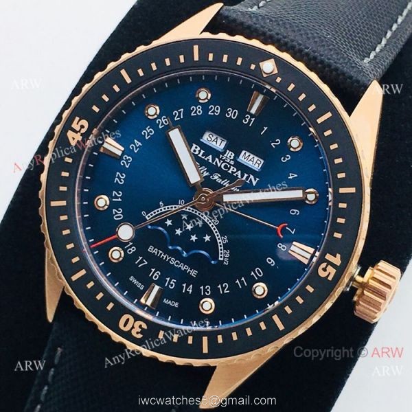 2020 New! Swiss Blancpain Bathyscaphe Moonphase Watch Rose Gold Blue Dial 1