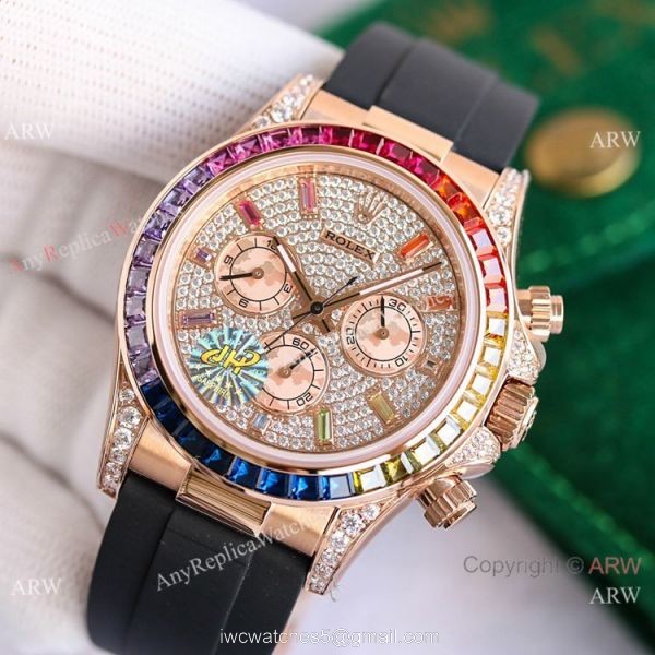 Swiss 7750 Rolex Rainbow Daytona Rose Gold Diamond Dial Rubber Strap Watch 40mm 1