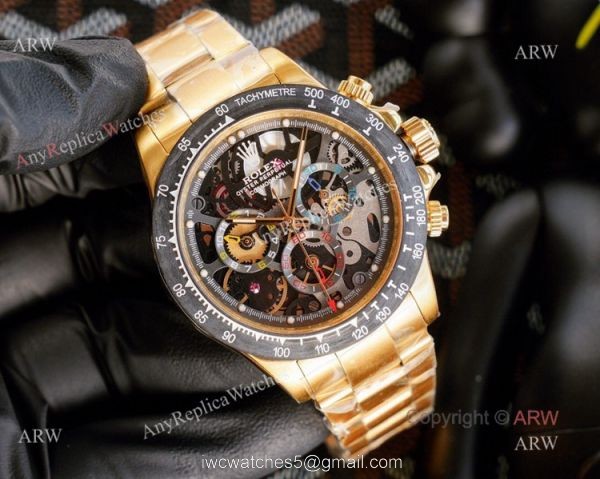 Best Replica Rolex Daytona Skeleton Montoya Yellow Gold Swiss 4130 Carbon Watch 1