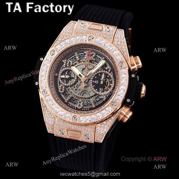 Swiss Quality Hublot Big Bang Rose Gold Black Rubber Strap Full Diamonds Watches Replica 1