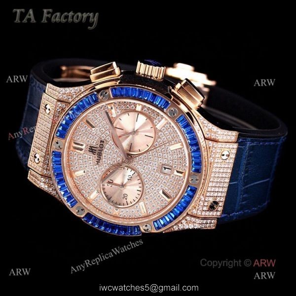 Hublot Big Bang Rose Gold Diamonds Swiss Replica Watches With Blue Diamond Bezel 1