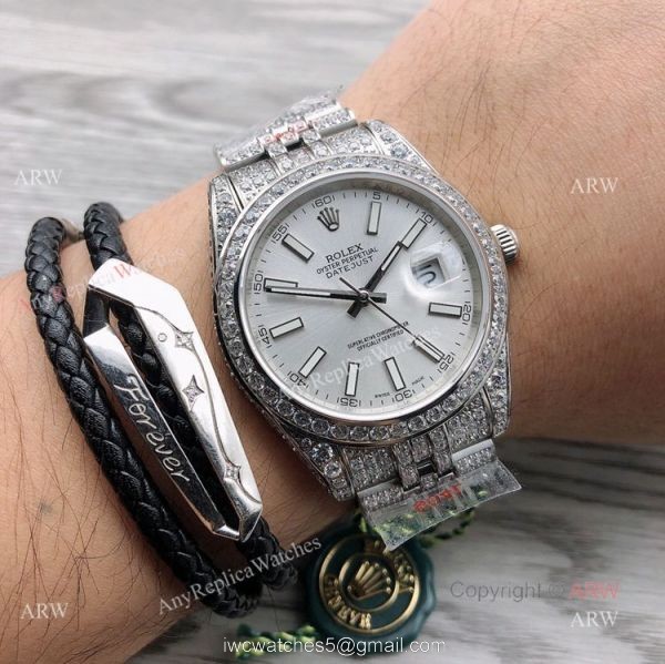 Iced Out Rolex Datejust ii 41 Silver Dial And Stick Markers Swiss 3255 Replica Watches 1
