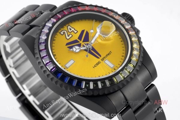 Swiss Replica Blaken Rolex Kobe Bryant Rainbow Diamond Bezel Yellow Dial Watch For Men 1