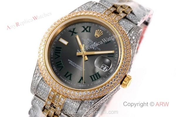 TW Factory Swiss Rolex Iced Out Datejust Watch Two Tone Grey Dial 41mm 1