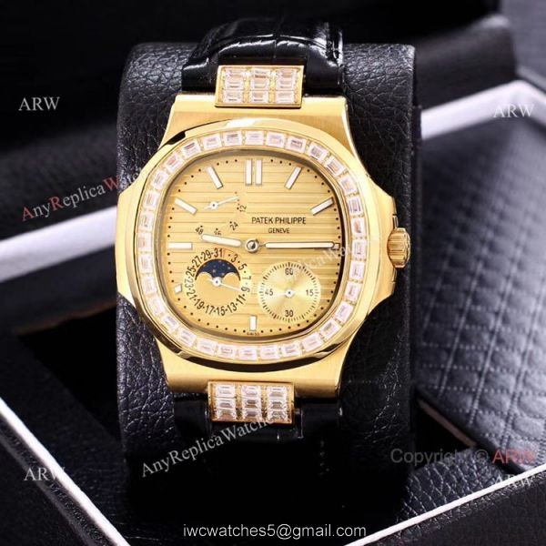 AAA Copy Patek Philippe Nautilus Yellow Gold Power Reserve Watches Diamond Bezel 1