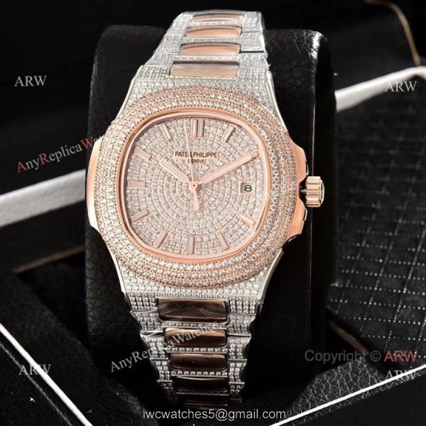 Luxury Patek Philippe Nautilus Full Diamond Automatic Watches Rose Gold Case 1