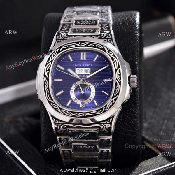 Copy Patek Philippe Nautilus Annual Calendar Watches Silver Dial Engraving Case 1