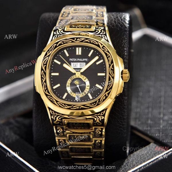 Clone Patek Philippe Annual Calendar Watches Yellow Gold Engraving Blue Dial 1