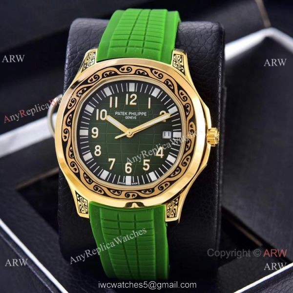 Clone Patek Philippe Aquanaut Engraving Watches Gold and Brown Rubber Strap 1