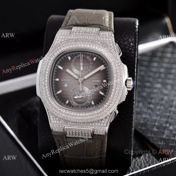Japan Grade Patek Philippe Nautilus Diamonds Watches Gray Leather Strap 1