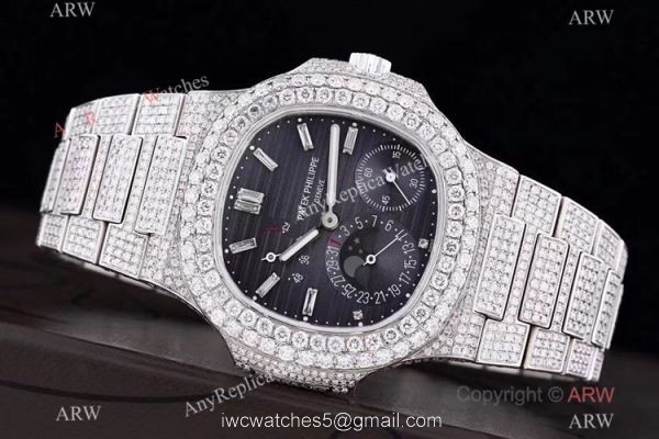 Iced Out Patek Philippe Nautilus Moon Phase Power Reserve 5712 Watch Swiss Grade Watch 1