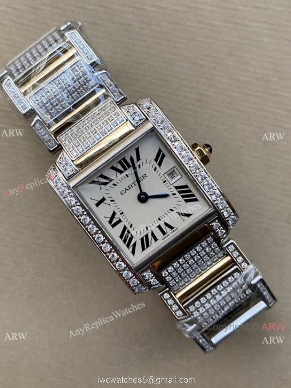 Iced Out Cartier Tank Francaise Stainless Steel Watch Large Size 1