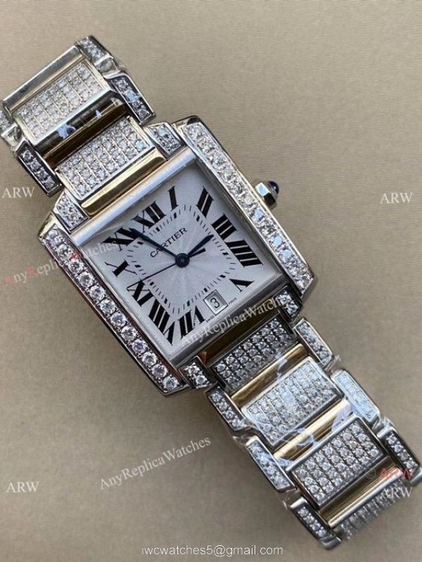 Iced Out Cartier Tank Francaise Replica Watch Stainless Steel Men 1