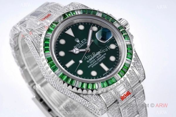 Swiss Grade Clone Rolex Iced Out Submariner Watch Swiss 3135 Green Dial 1
