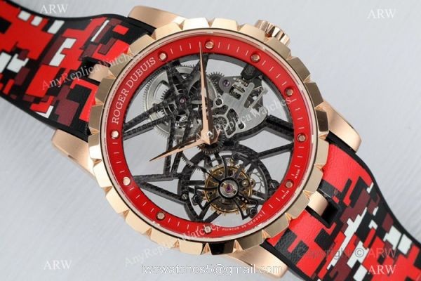 2021 New! BBR Factory 1:1 Copy Roger Dubuis Excalibur Skeleton Flying Tourbillon Watch Rose Gold Skeleton Dial 1