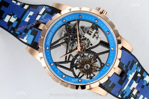 2021 New! BBR Factory Roger Dubuis Excalibur Skeleton Flying Tourbillon Watch Rose Gold Blue Rubber Strap 1