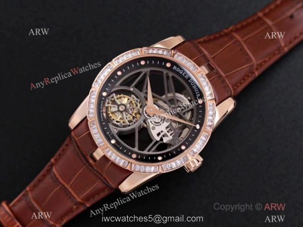 Super Clone Roger Dubuis Excalibur Skeleton Swiss Tourbillon JBF V3 Diamond Black Dial Watch Rose Gold 1