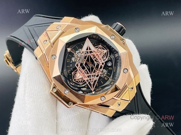 Replica Rose Gold Hublot Big Bang Sang Bleu 45 Watch Asia 7750 With Black Rubber Band 1