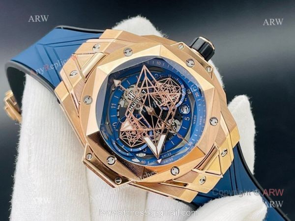 Replica Hublot Big Bang Watch Hublot Sang Bleu 45mm Rose Gold Blue Rubber Straps 1