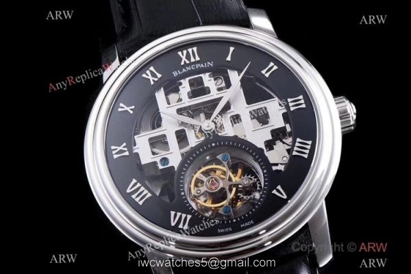 Super Clone Blancpain Fantasy Swiss Tourbillon Watch 43mm Black Leather Strap 1