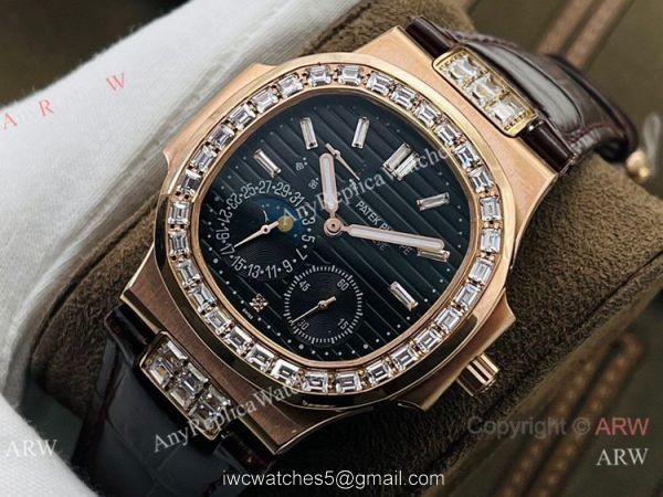 (PF Factory) Patek Philippe Nautilus Moonphase 5724 Watch Rose Gold Black Dial 1