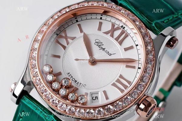 AF Factory Chopard Happy Sport 36mm Watch Rose Gold Bezel Green Leather Strap 1