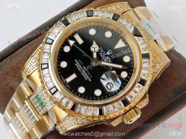 (ROF) AAA Swiss Rolex GMT-Master II Custom Watch Black Diamond Bezel All Gold 40mm 1