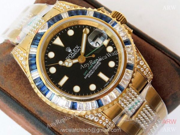(ROF) Swiss Rolex GMT-master II Custom Luxury Watch Yellow Gold Diamond Band 1