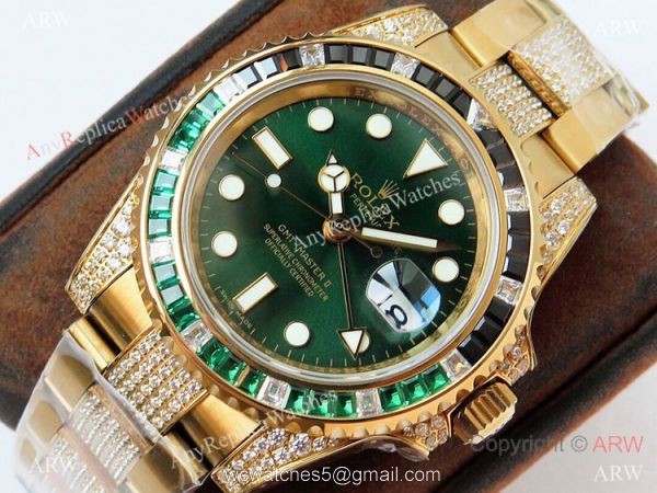 (ROF) Swiss Copy Rolex GMT-Master II Custom Luxury Watch Bright Green Dial Center Diamond Band 1